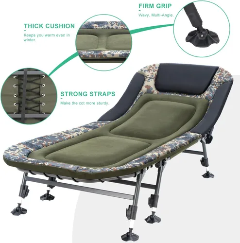 Miniatura 4 de Catre de camping plegable con colchón para adultos, catre militar resistente con bolsa de transporte, tumbona reclinable ajustable de 180°