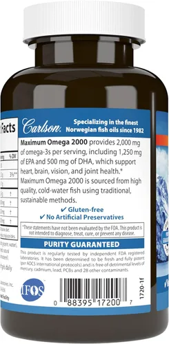 Miniatura 3 de Carlson - Omega Máximo 2000, 2000 mg de ácidos grasos Omega-3 incluyendo EPA y DHA, aceite de pescado noruego capturado en la naturaleza, suplemento