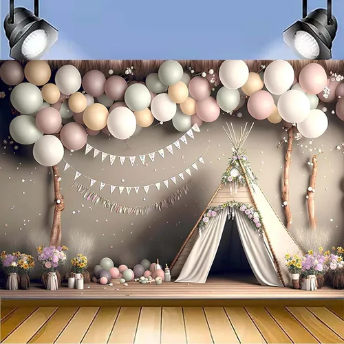 XUNJIN NO.01 - Fondo de fotografía de globo rosa bohemio para niños, fiesta de primer cumpleaños, pastel, retrato, decoración de fotos, telón de