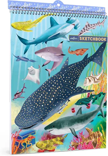 eeBoo: Shark & Friends Cuaderno de bocetos en blanco encuadernado en espiral, 60 páginas, papel de 4.94 oz/m², 95 libras, 8.5 x 11, ecológico,