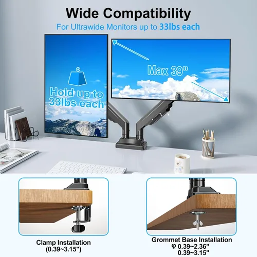 Miniatura 2 de Soporte de monitor doble para pantallas de hasta 43 pulgadas, brazo de monitor dual ultra ancho resistente con capacidad para 2.2-33 libras cada