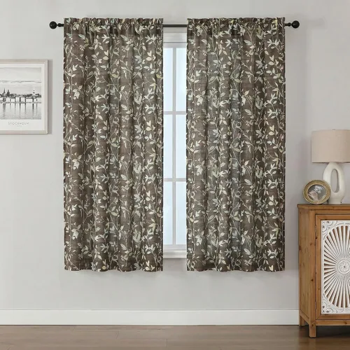 Miniatura 19 de Chyhomenyc Cortinas de mezcla de lino de 63 pulgadas de largo, 2 paneles de cortina con estampado floral filtrante de luz para sala de estar