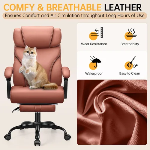 Miniatura 8 de HeroSet Silla de oficina grande y alta con reposapiés, silla ergonómica reclinable de cuero ejecutiva de 400 libras, soporte lumbar, sillas de Café