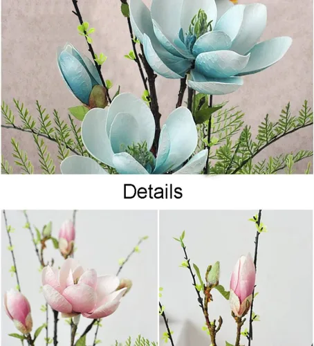 Miniatura 3 de Flor artificial en maceta, flor artificial de magnolia con jarrón redondo dorado, hojas falsas, arreglo floral floral de seda para boda, decoración
