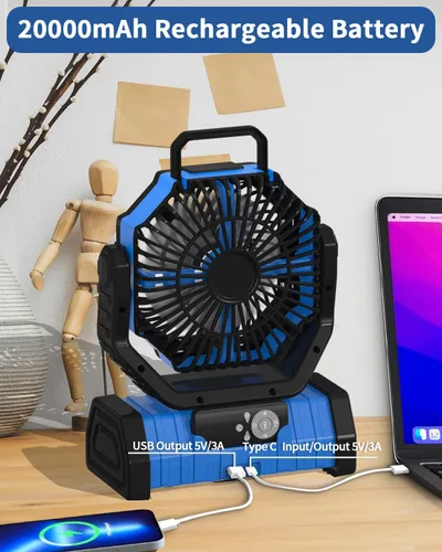 Miniatura 7 de ADUST Ventilador Portátil de Campamento con Batería, Ventilador con Luz LED 20000mAh Recargable, Oscilación Automática, Rotación de 270°, Gancho