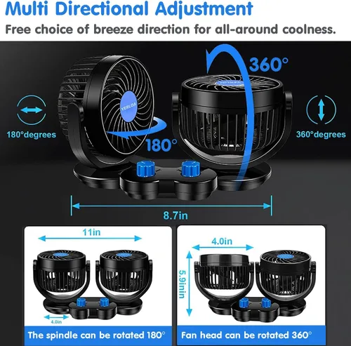 Miniatura 6 de Yerloa Ventilador de coche eléctrico de 12 V, ventilador portátil para automóvil, doble cabeza, rotación de 360 grados, ventilador de aire