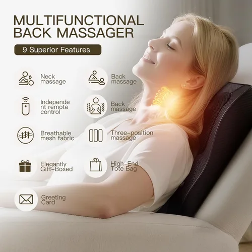 Miniatura 3 de Masajeador de espalda con calor, almohada de masaje amasador 3D para cuello, espalda, hombro, pierna, inalámbrico y portátil para casa y oficina