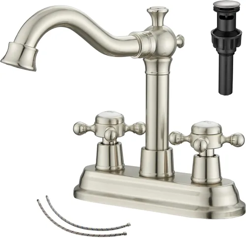 Miniatura 20 de Grifo de baño negro mate con 2 asas de 4 pulgadas, juego central de tocador de baño negro con montaje de drenaje y manguera de suministro grifo