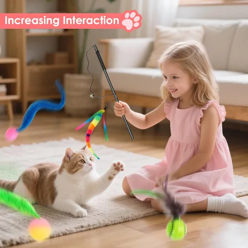Miniatura 7 de SHENGSEN Juguete de varita de plumas para gatos, pelota inflable con cola para gatos, gusano mágico con juguete de bola grande y colorida