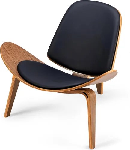 Miniatura 4 de Hans Wegner Style Silla de tres patas, silla de madera contrachapada de ceniza con tapicería de piel sintética negra, muebles de sala de estar