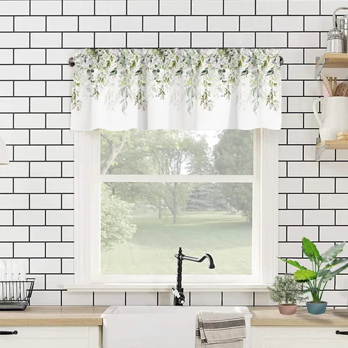 Miniatura 5 de Cortinas Cenefa Verde Salvia Floral Cocina con Bolsillo para Barra Paneles Cortos Acuarela Hojas de Eucalipto Retro Tratamiento de Ventana Cortinas