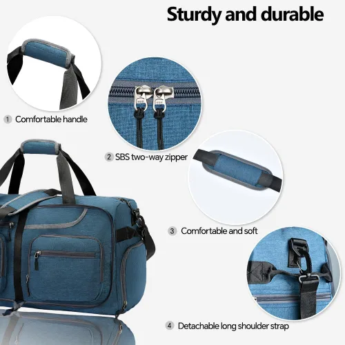 Miniatura 3 de Bolsa de viaje plegable de 65 litros con compartimento para zapatos y bolsillo húmedo, impermeable y resistente a desgarros, A4-azul oscuro