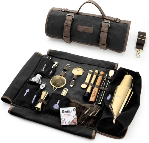 Miniatura 10 de Barillio Bolsa de Kit de Barman con Juego de Coctelera Negra – Lona Encerada, Bolsa de Herramientas de Bar de Viaje con Kit de Cóctel de 17 Piezas