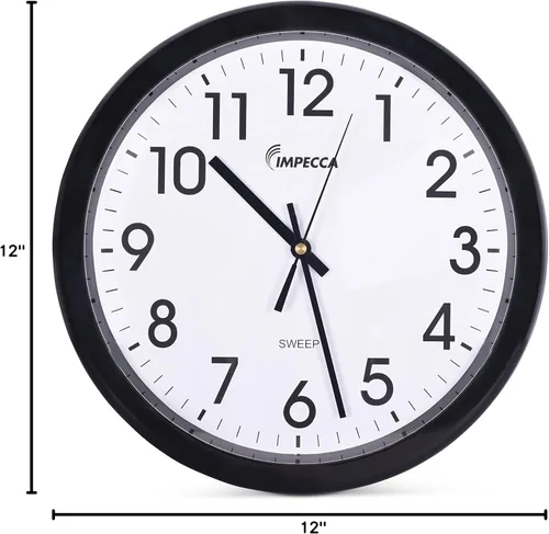 Miniatura 6 de Impecca WCW12M1 Reloj de pared con movimiento de barrido sin tictac, 12 pulgadas, color negro