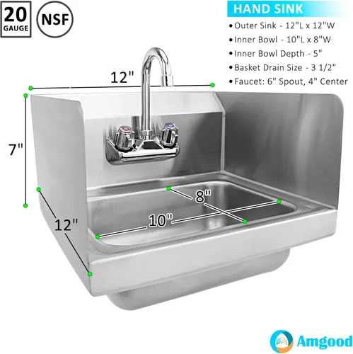 Miniatura 2 de AmGood Fregadero de mano de acero inoxidable para montaje en pared con grifo Lavabo comercial de lavado de manos para restaurante, cocina NSF