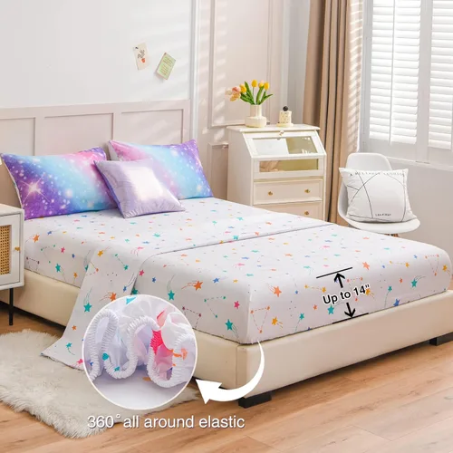 Miniatura 5 de A Nice Night Juego de ropa de cama de 6 piezas con gradiente de purpurina para niñas de tamaño completo, juego de edredón de arcoíris y galaxia