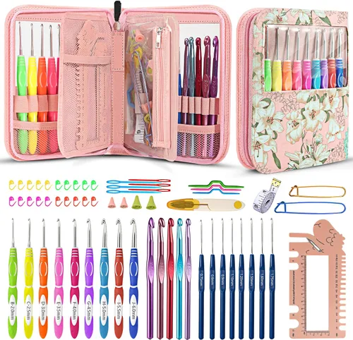 Miniatura 8 de Looen Juego de 61 piezas de ganchos de ganchillo ergonómicos, 22 tamaños (0.75 mm-10 mm), con estuche para manos artríticas, agujas de ganchillo