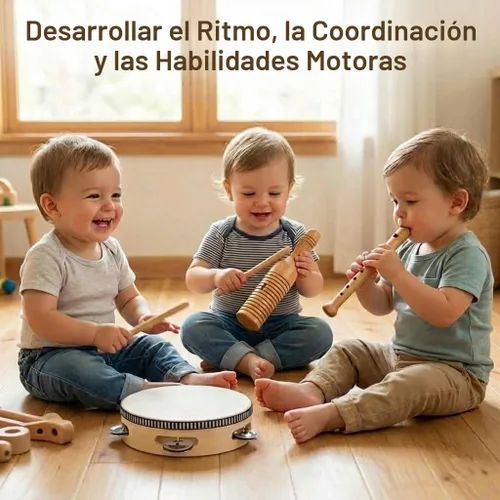 Miniatura 10 de Stoie's Instrumentos musicales de madera para niños pequeños con tambor, campanas de mano, flauta, maracas, castañuelas, panderetas, para bebés