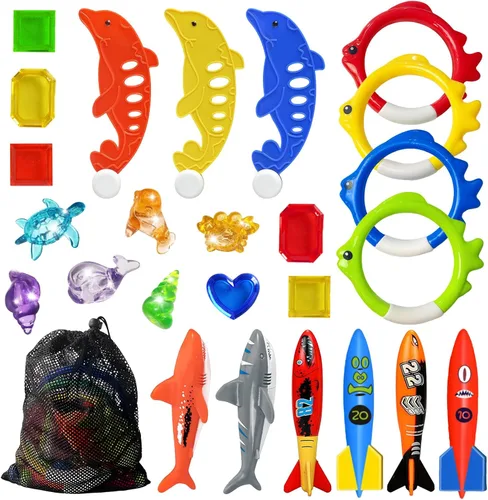Jasonwell Juguetes de buceo en la piscina, 25 piezas de juguetes de piscina con palos de buceo y anillos, tesoros submarinos, bandidos de torpedos,