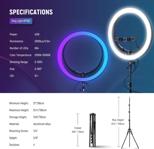 Miniatura 8 de NEEWER Anillo de luz LED RGB de 19 pulgadas con soporte, 3 soportes para teléfono, panel táctil, control de 2.4G/aplicación, 42W CRI97+ 2800lux/1.6