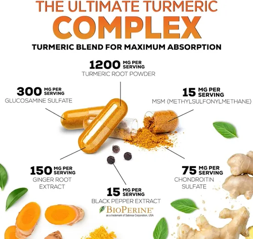 Miniatura 3 de Suplemento de Cúrcuma Curcumina 2000mg - 95% Curcuminoides con Glucosamina, Jengibre y MSM, Pimienta Negra BioPerine para Mejor Absorción, Soporte