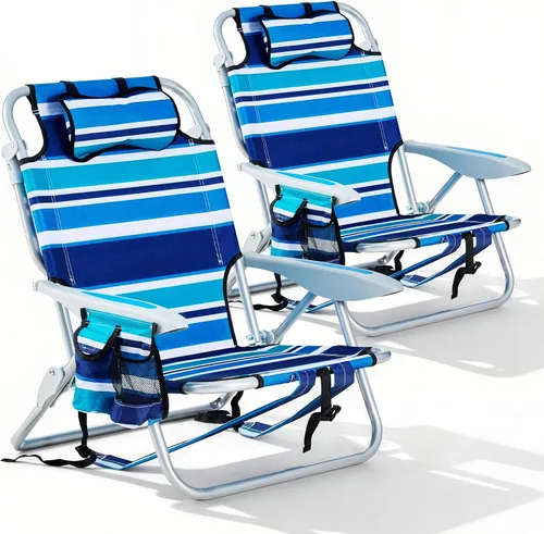 Miniatura 13 de Paquete de 2 sillas reclinables portátiles ligeras para adultos, sillas de playa plegables planas al aire libre con 5 posiciones, silla de playa