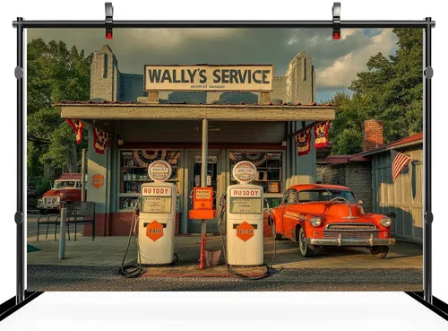 Telón de fondo retro para gasolinera de 5 x 3 pies, estación de servicio de Wally, bombas de gas, bandera de Estados Unidos, flor, autopista, tienda