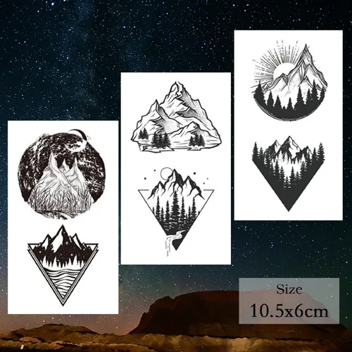 Miniatura 3 de 22 hojas de pegatinas de tatuajes temporales de montaña, incluidos tatuajes falsos impermeables, formas geométricas negras, con forma de sol