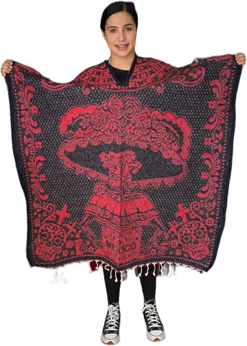 Negro y rojo Poncho Catrina Poncho CALENDARIO Azteca Poncho tradicional Hecho en México Día de la Muerte Unisex Talla única Dia DE Muertos 2 DE