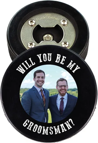Miniatura 11 de Disco de hockey de acero inoxidable para abrebotellas, regalo para el mejor hombre padrinos de boda, disco impreso – Propuesta de disco de hockey