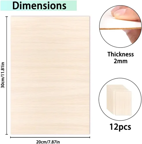 Miniatura 2 de DIYDEC Paquete de 12 hojas de madera de tilo de 12 x 8 x 1/13 pulgadas, hojas finas de madera contrachapada sin terminar, láminas de balsa