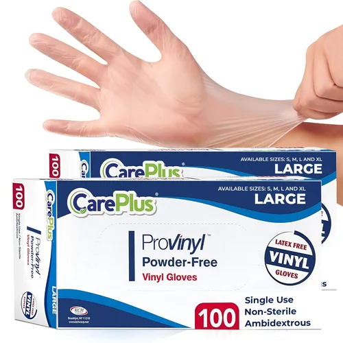 Miniatura 21 de Care Plus – Guantes de vinilo desechables, sin talco, transparentes, sin látex, hipoalergénicos, caja de 100, M Vinilo transparente