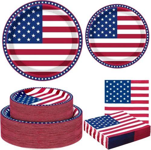 QZYL 150 piezas de suministros para fiesta del 4 de julio, sirve 50 platos de papel y servilletas de papel con la bandera americana, decoraciones