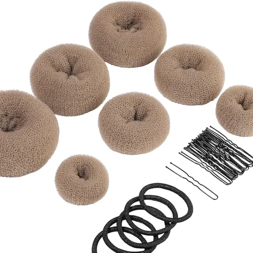 Miniatura 10 de Teenitor Creador de Moños para el Cabello, 7 piezas de Donuts para Moños (1 Extra Grande, 2 Grandes, 2 Medianos, 2 Pequeños), Marrón Claro D-Marrón