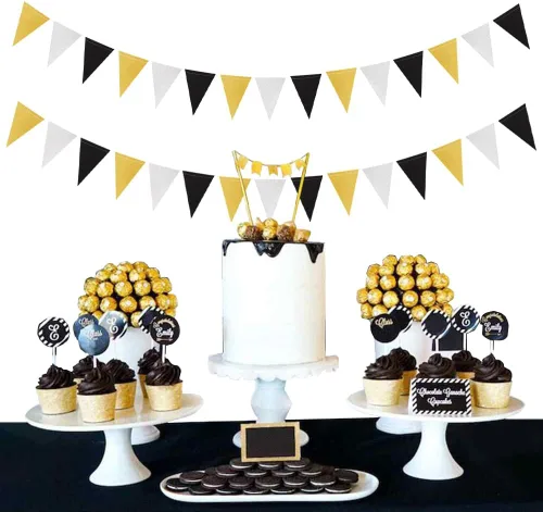 Miniatura 7 de Decoraciones de fiesta plateadas, negras y doradas, 2 banderines de papel para hombres, cumpleaños, Año Nuevo, jubilación, graduación, aniversario