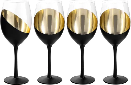 Miniatura 9 de MyGift Juego de 4 Copas de Vino, Copas de Vino Tinto de 14oz, Cristalería Moderna Negro Mate y Dorado, Elegantes Copas de Bar para Bodas, Fiestas