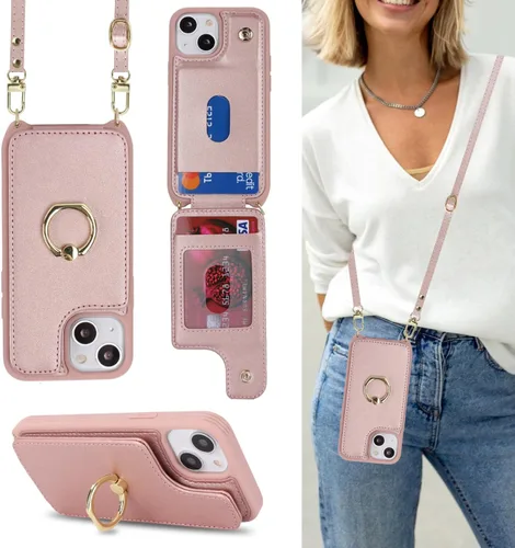 Miniatura 10 de Lipvina Funda para iPhone 13 Mini con tarjetero y correa para mujer, cordón cruzado, soporte de anillo con soporte, cierre a presión, bloqueo RFID