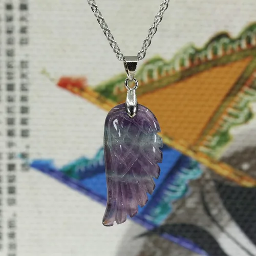 Miniatura 3 de Collares con colgante de ala de ángel tallada a mano con fluorita arcoíris natural, 18 pulgadas