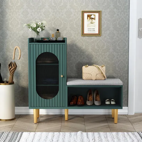 Miniatura 8 de HLR Banco de almacenamiento con puerta y estante de cristal, moderno banco de zapatos de entrada con asiento acolchado, armario de almacenamiento