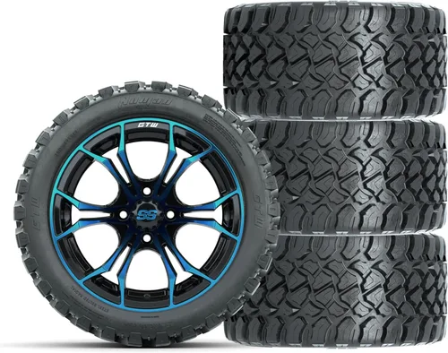 GTW Combo de ruedas y neumáticos para carrito de golf de 14 pulgadas | Ruedas Spyder azul/negro en neumáticos radiales todo terreno 23x10-R14 Nomad