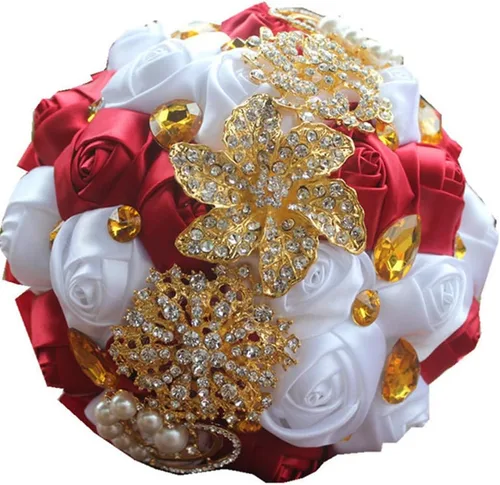 Miniatura 11 de Ramo de novia de 8 pulgadas con rosas de satén de 8 pulgadas con broches de cristal dorado hecho a medida, arreglo de centro de mesa, ramo azul real
