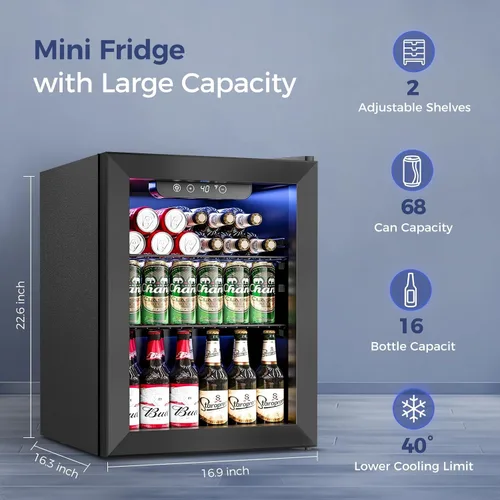 Miniatura 2 de Feelfunn - Refrigerador para bebidas con capacidad para 16 botellas y 68 latas, mini refrigerador con puerta de vidrio, para gaseosas, vino
