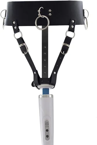 Correa forzada de cuero con vibrador, arnés eléctrico de cintura fijo, soporte para cinturón de amarre (varita o vibrador no incluidos)