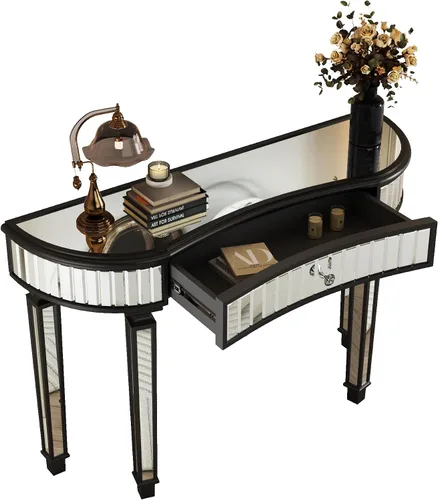 Miniatura 6 de Mesa consola de media luna de 47 pulgadas con cajón de cristal estriado y perilla de cristal, escritorio plateado para entrada, dormitorio, vestidor