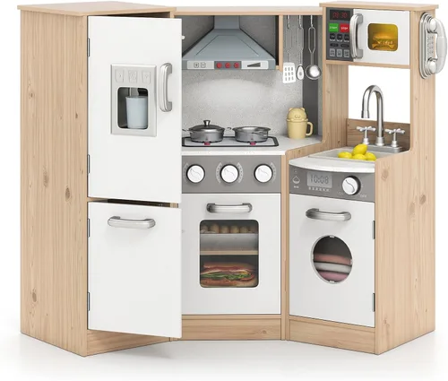 Miniatura 2 de Costzon Juego de cocina para niños, cocina de juego de simulación de madera 9 en 1 con luz y sonido realistas, máquina de hielo, lavadora