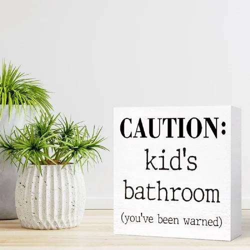Miniatura 7 de Letrero de madera para baño de niños, divertido letrero de madera de precaución para el baño de niños, estante de baño, estantes de baño, decoración