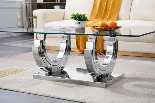 Miniatura 45 de Mesa de centro de cristal de lujo, mesa de centro de sofá de 47 pulgadas con marco de acero inoxidable dorado y parte superior de vidrio negro, mesa