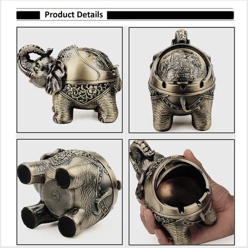 Miniatura 3 de LAUYOO Cenicero de metal con tapa de elefante a prueba de viento, ceniceros al aire libre, cenicero para interiores para malas hierbas, decoración