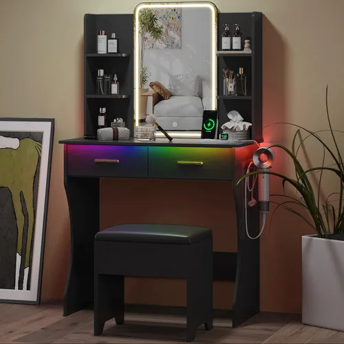 Miniatura 13 de Mesa de Tocador Pequeña con Espejo y Luces, Tocador de Maquillaje con Espejo Iluminado por LED, Tocador con Luces y Silla, Mesa de Vestir Ajustable