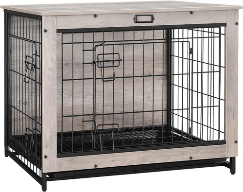 Miniatura 10 de Mueble de jaula para perros, perrera pequeña de 25.5 pulgadas para interiores, jaula de madera con bandeja extraíble, mesa auxiliar lateral que